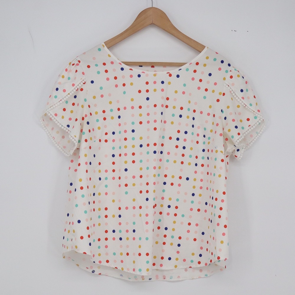 SHEIN Blouse Womens 0XL Curve White Polka Dot Pom Pom Trim Short Sleeve